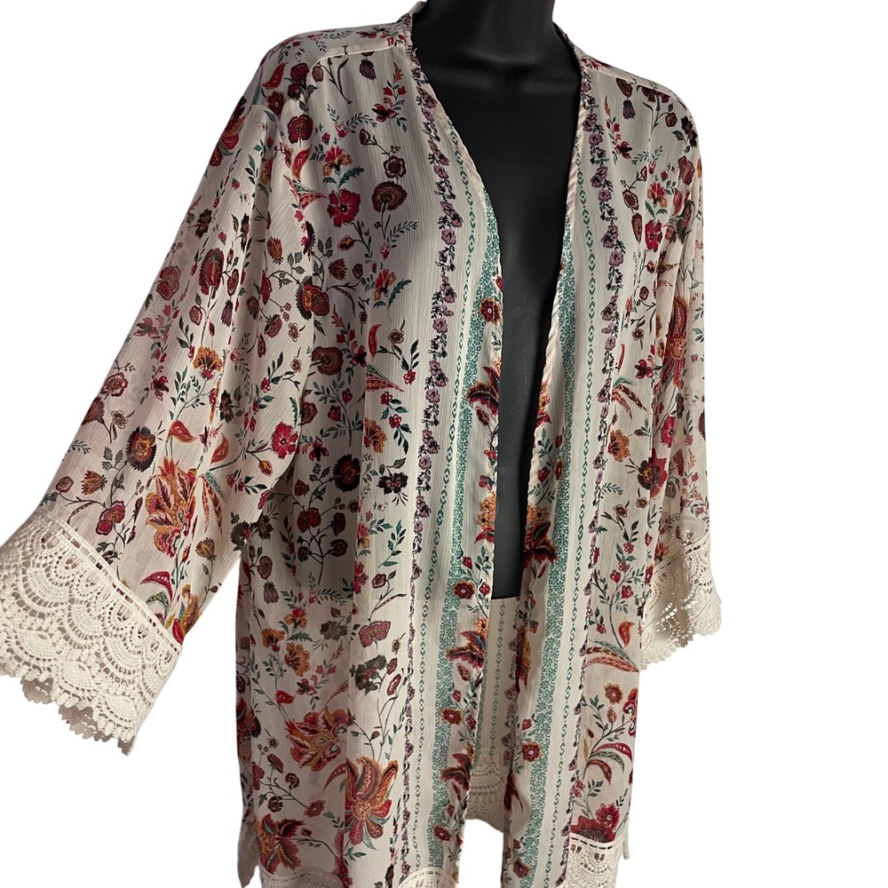 Mason & Belle Womens Laria Boho Kimono Size 2X Cream Floral Crochet Lace Trim